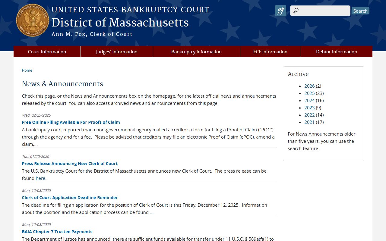 U.S. Bankruptcy Court news page showing Cape Calendar suspension for Barnstable County