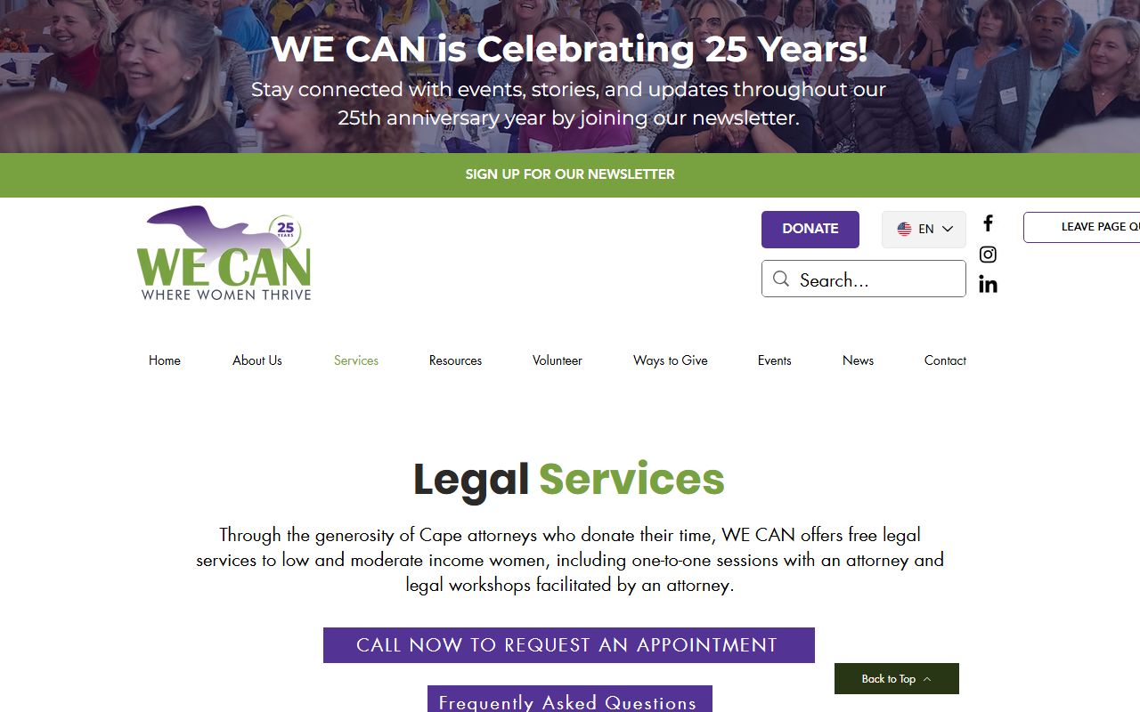 WE CAN Legal Services page offering free consultations for Barnstable County residents