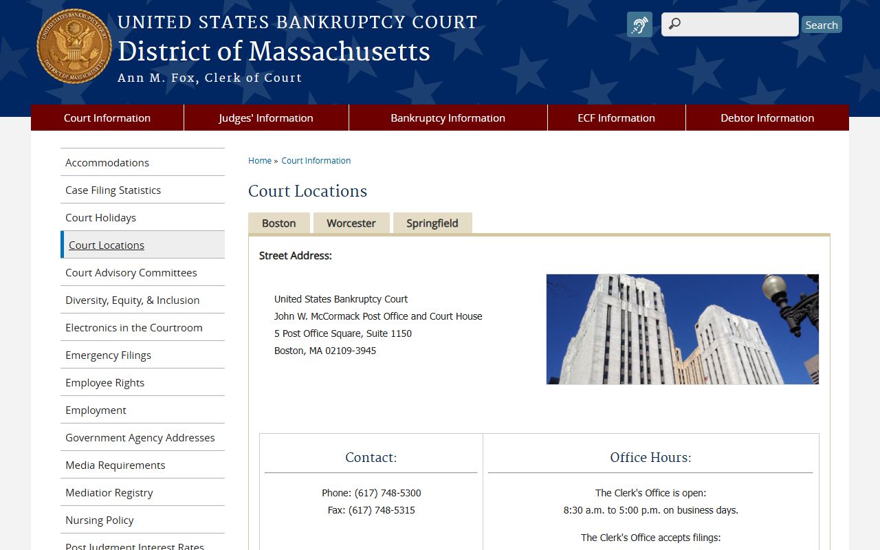 U.S. Bankruptcy Court Massachusetts court locations page