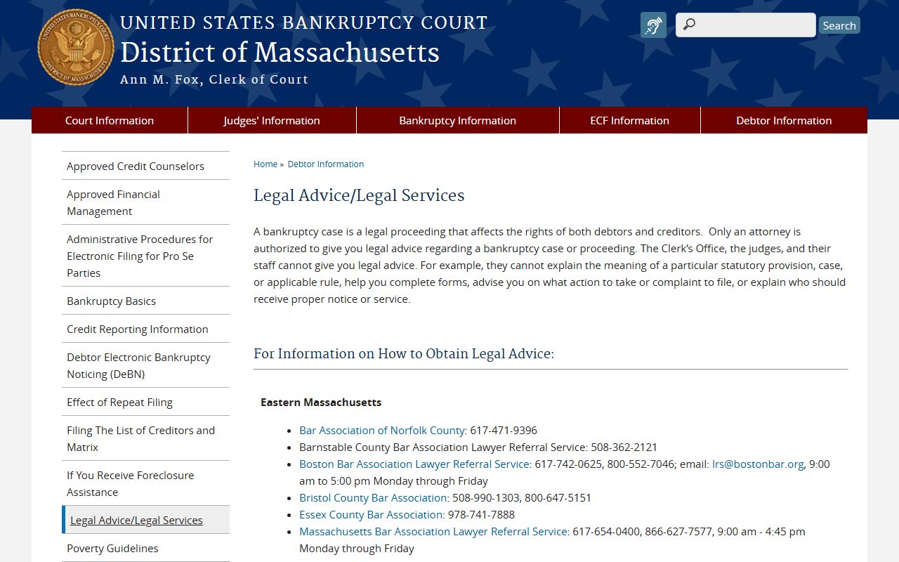 U.S. Bankruptcy Court Massachusetts legal aid resources page