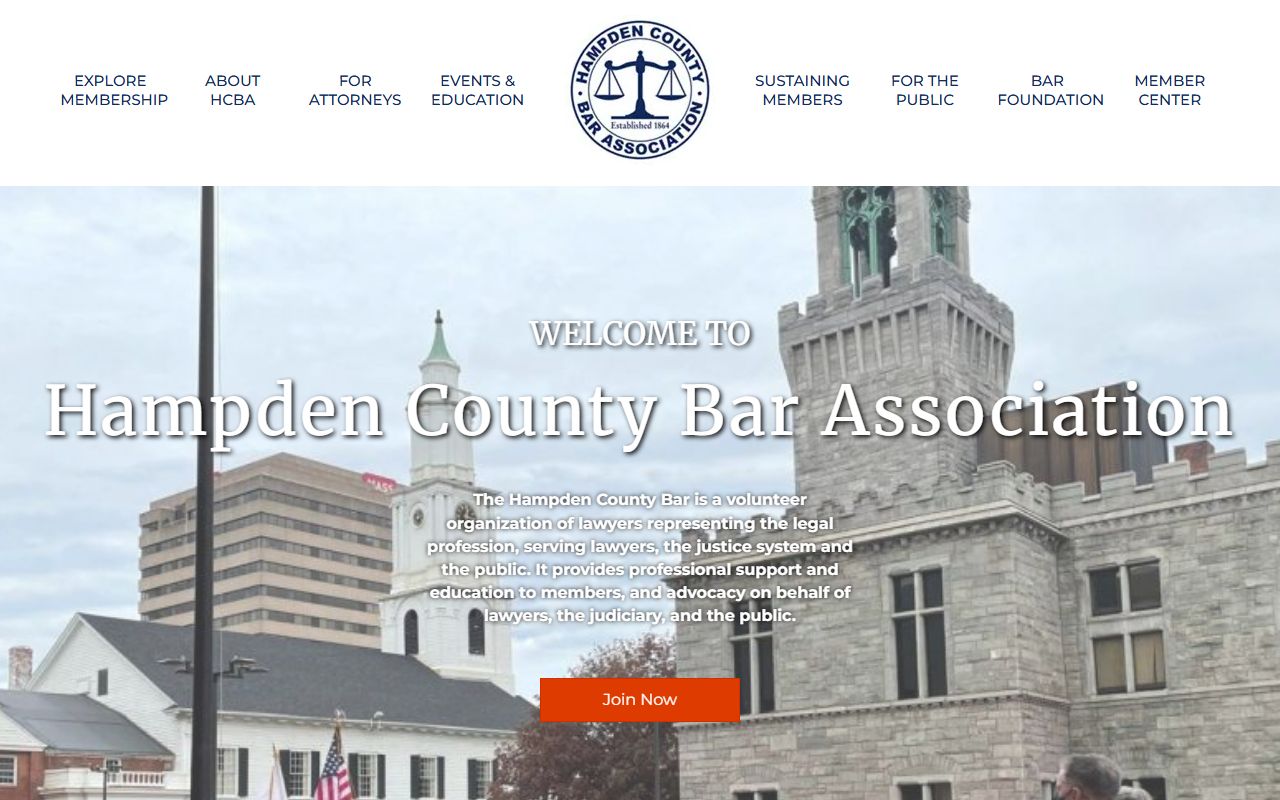 Hampden County Bar Association website showing attorney resources and legal services for Hampden County residents