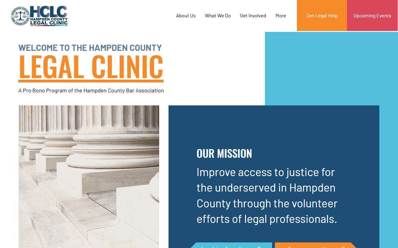 Hampden County Legal Clinic website offering free legal assistance to Springfield and Hampden County residents for bankruptcy matters