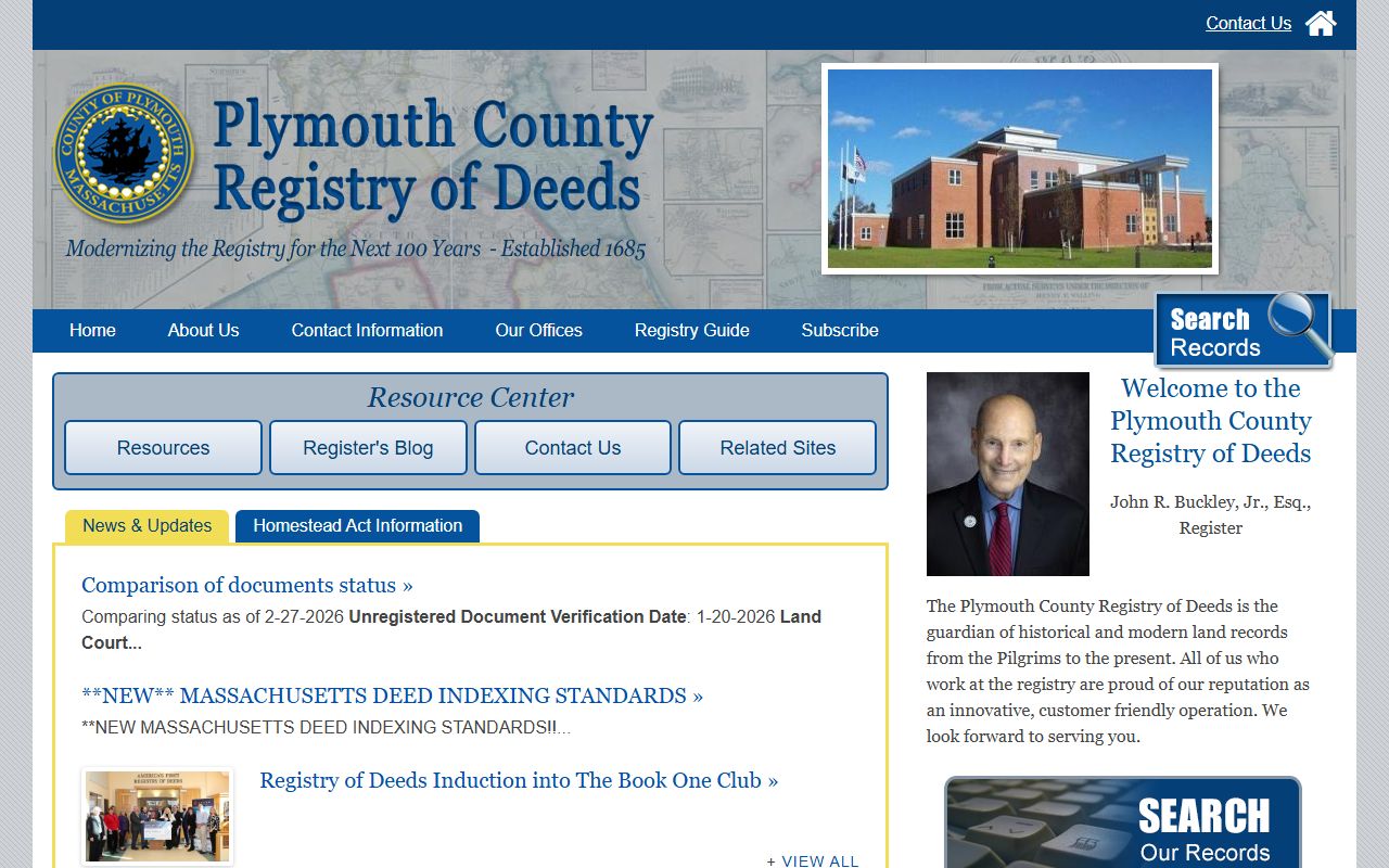 Plymouth County Registry of Deeds website showing property record search tool relevant to Plymouth County bankruptcy records