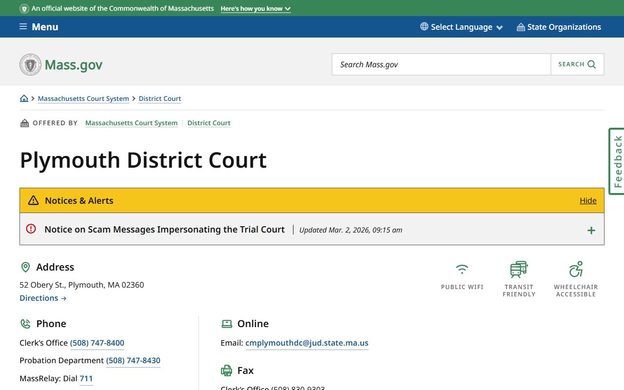 Plymouth District Court information page showing contact details and services for Plymouth County residents