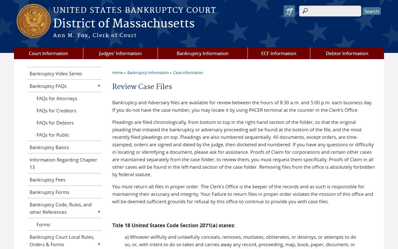 Massachusetts bankruptcy court case file review page and access information