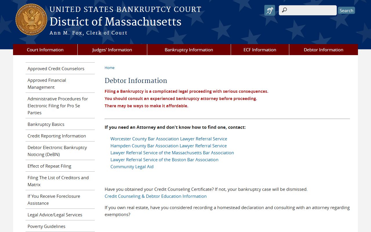 Massachusetts bankruptcy court debtor resources and exemption information