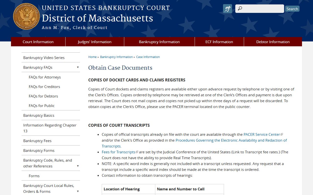 Massachusetts bankruptcy court document access procedures and request options