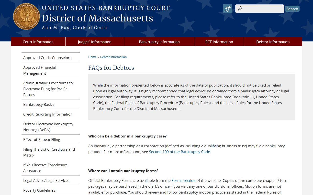 Massachusetts bankruptcy court FAQ page covering public access and record search questions