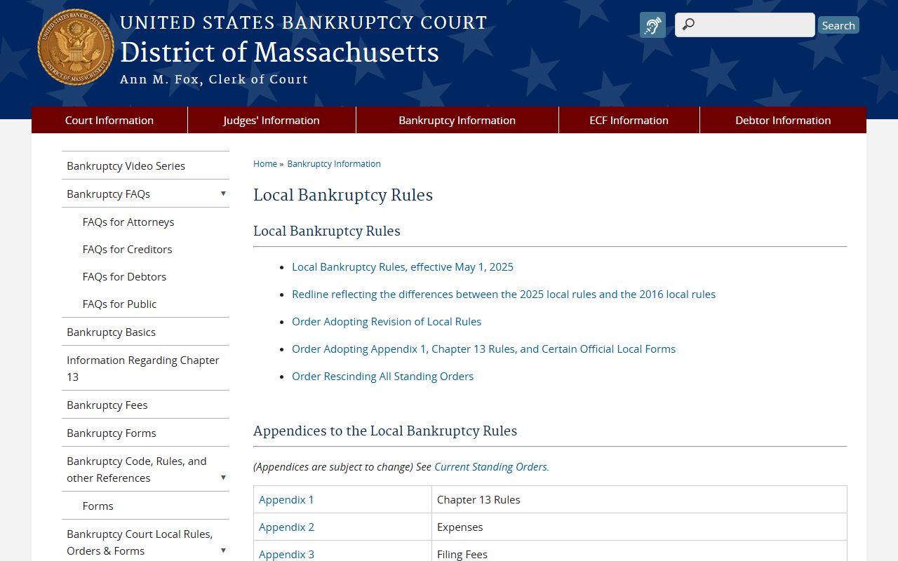 Massachusetts local bankruptcy rules page with filing fees and procedures
