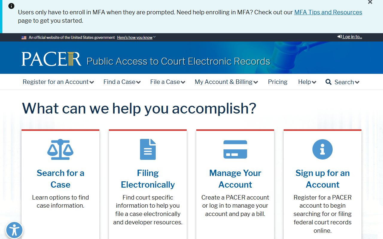 PACER homepage for searching Massachusetts bankruptcy records online